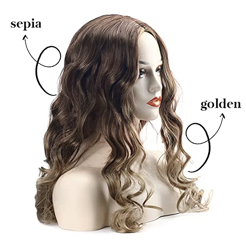 Mulgro Long Wavy Wig Ombre For Women Middle Part Brown Wig Natural Looking Heat Resistant Fiber For Daily Party Use（Brown To Gold） #TOP3