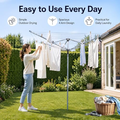KAYNUR 4 Arm Rotary Washing Line for Outdoor Clothes Drying - 40M, 50M, 60M Options with Foldable Design, Ground Spike & Protective Cover - Image 5