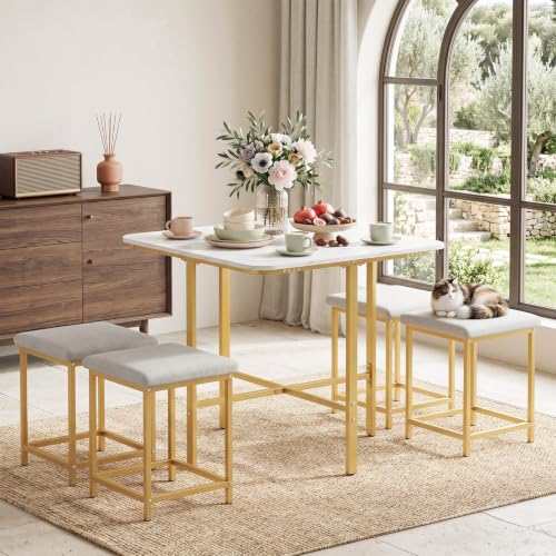 GIANTEX Dining Table Set for 4 with Upholstered Stools (White & Gold)