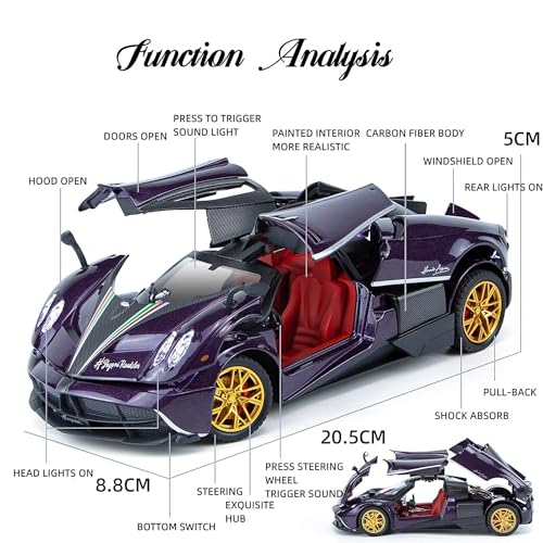 Image of Alloy Diecast Metal Cars Model Collectible Pagani Huayra Dinastia 1:24 Pull Back Vehicle Toy for Kids Boys Girl Gift (Purple)