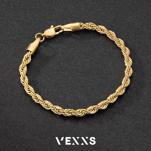 VEXXS Rope Chain Bracelet for Men, 18K Real Gold Plated Men's Rope Link Bracelet, Durable No Color Fading Cuban Link Bracelet 5mm Men’s Gold Bracelet4
