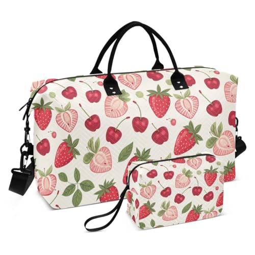 Strawberry Cherry Leaf Travel Duffle Bag Gym Bag Weekender Bags with Toiletry Bag Travel Trip Tote Bag