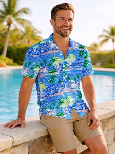 Image of Yoimira Hawaiian Shirts for Men, Print Mens Casual Short Sleeve Button Down Shirts Floral Aloha Beach Shirt
