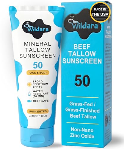 Beef Tallow Sunscreen SPF 50 – Mineral Zinc Oxide Sunscreen for Face & Body, Unscented, Reef Safe Sunscreen Lotion, Water Resistant, Made in USA