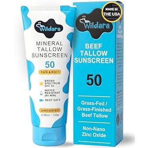 Beef Tallow Sunscreen SPF 50 – Mineral Sunscreen for Face & Body, Unscented, Reef Safe Sunscreen Lotion, Water Resistant, Zinc Oxide, Made in USA