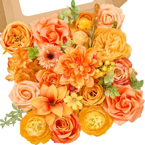 Alecono Bright Orange Artificial Flowers, Silk Fake Roses Combo Box Set
