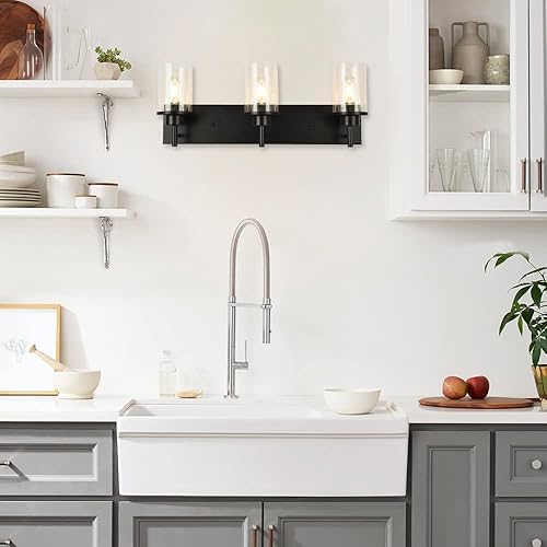 Miniatura 7 de Lámparas de tocador, lámparas de baño negro mate sobre el espejo, lámpara moderna de apliques de pared con pantalla de vidrio transparente (3 luces)