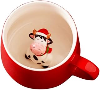 Cute Christmas Cow Ceramic Mug Unique Hand Painted Novelty 3D Animal cups,Personalised chocolate Tea Milk Mugs,for Weddings, Birthdays, Cow Lovers Women Girls (Cow)
