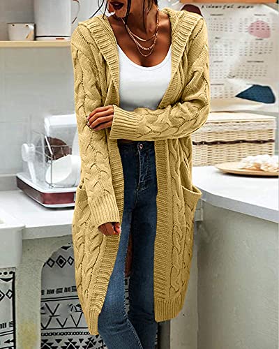 Image of Women Hooded Open Front Cardigan Cable Knit Chunky Long Sweater Coats