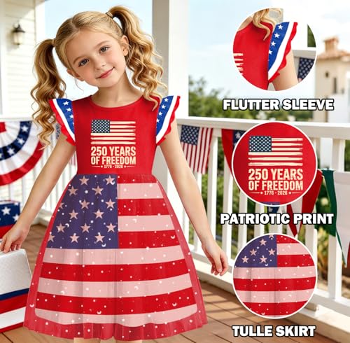 Image of Girls 4th of July Dress American Patriotic Outfit USA Independence Day Clothes Flutter Sleeve Tulle Tutu Dress 5-14y