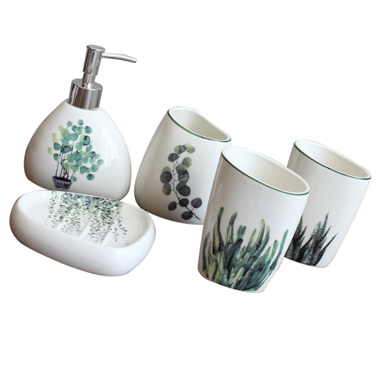 WOONEKY 5 pezzi Accessori per Bagno in Ceramica Verde Include Bicchieri Porta Spazzolino Dispenser Lozione e Portasapone Design Compatto e Superficie Liscia Facile da Pulire per