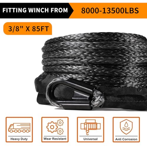 AlltoAuto Synthetic Winch Rope, 3/8" x 85'-25000 LBs Dyneema Synthetic Winch Rope Line Cable with Protective Sleeve for Truck 4WD Off-Road Vehicle Winch Accessory