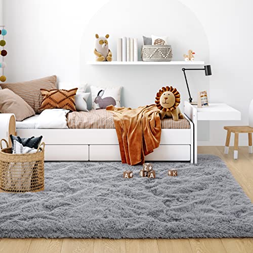 Ultra Soft Grey Rugs For Bedroom 4X6 Feet, Fluffy Shag Area Rugs For Living Room, Large Comfy Furry Rug For Boys Kids Baby Room Decor, Non Slip Nursery Rug Modern Indoor Fuzzy Floor Carpet #TOP1