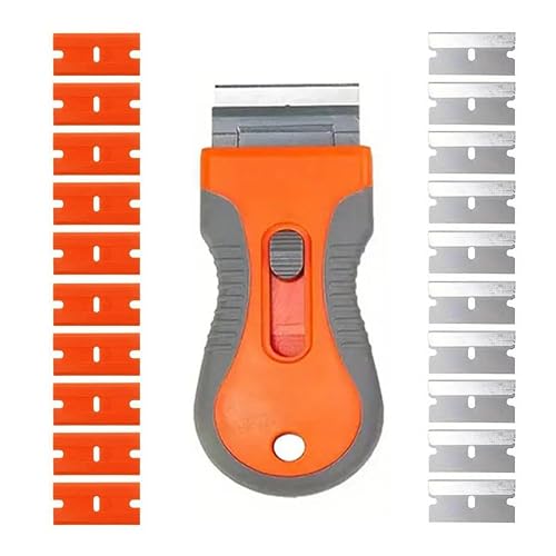 21pcs Razor Blade Scraper, Plastic Razor Blade Scraper, Scraper Tool with Extra 10 Plastic Razor Blades and 10 Metal Blades, Razor Scraper for Cooktop, Wallpaper or Glass Tool - Orange 2