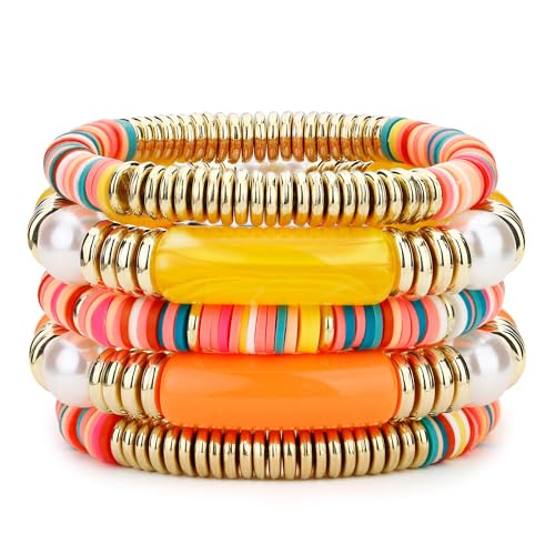 Dochais Bunte Perlenarmbänder Damen Frauen Boho Elastische Armbänd Sommer Bohemien Armbänder 5 Stück Stapelbare Armbänd Vive Farben, Rosa/Naranja/Blanco