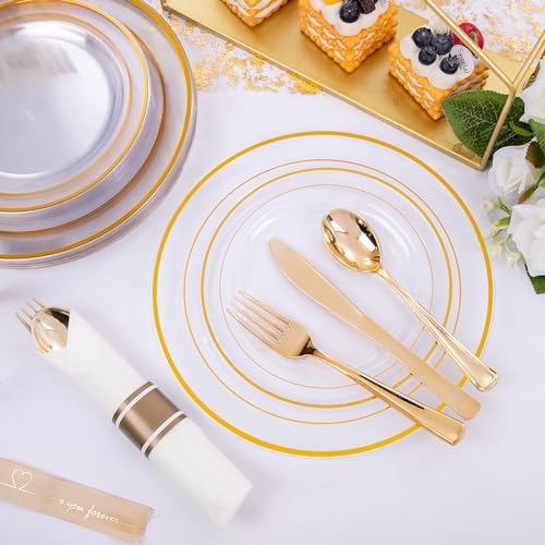 image for WELLIFE 210PCS Clear-Gold Plastic Plates - Dinnerware Sets for 30 Gues