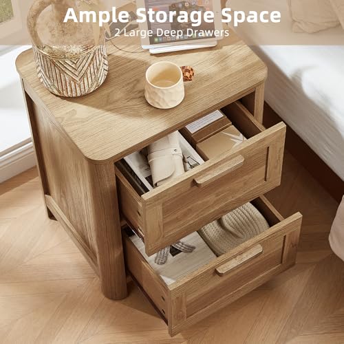 Image of Joaxswe Farmhouse Nightstand with Charging Station, End Tables Bedroom with 2 Large Drawers & 4 Thickened Table Legs, Brown