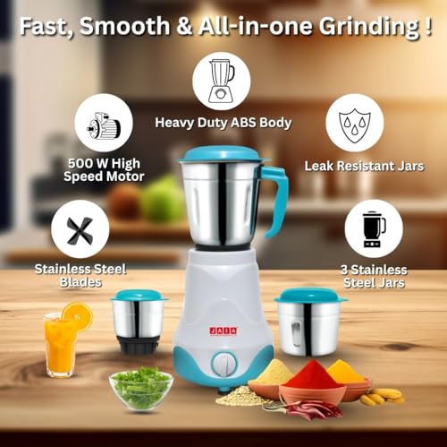 Image of Jaia J-7 Mixer Grinder 500-Watt Mixer Grinder with 3 Jars Liquidizing Wet Grinding and Chutney Jar Stainless Steel blades 1 Year Warranty (Color- CDGreen))
