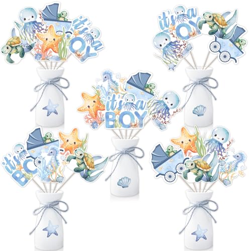 Jollyboom Under The Sea Baby Shower Decorations, 24pcs Under The Sea It's a Boy Table Centerpieces Sticks Ocean Sea Animal Theme Table Toppers for Under The Sea Baby Shower Gender Reveal Party
