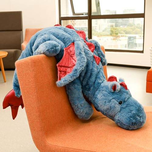 Jokapy 70-150 cm Kuscheltier Drache Plüschtier Schlafkissen Große Weiche Lange Riesige Plüschtier Flauschiger Kissen Geschenk für Kinder Freundin(130cm Blau)