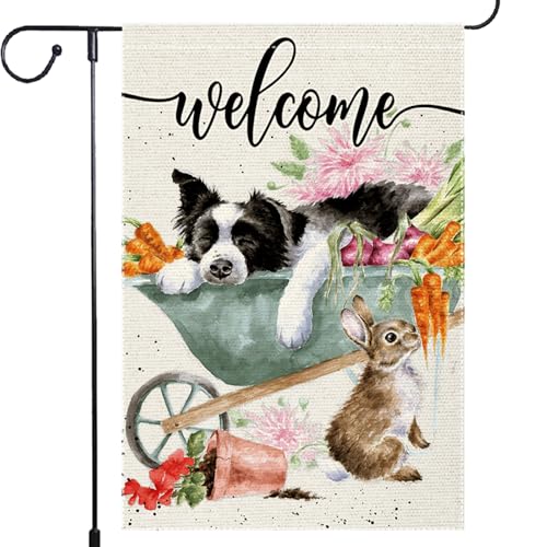 Welcome Spring Summer Garden Flag 12x18 Inch Double Sided Burlap Dog Cat Unicycle Outdoor Yard Lawn Rustic Farmhouse Flags Decor