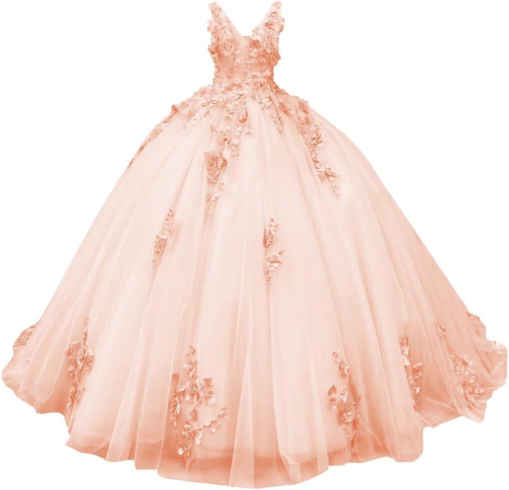 Ftupza V-Neck Quinceanera Dresses with Train Glitter 3D Floral A-Line Prom Gown Straps Beading Evening Dress