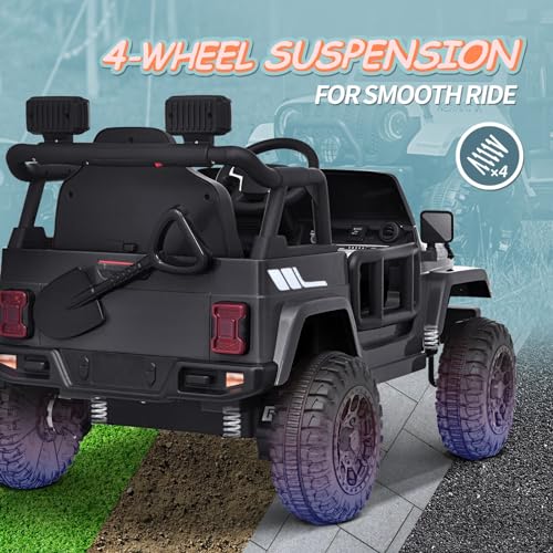 Joywhale 12V Kids Ride on Truck Battery Powered Motorized Car Electric Vehicle for Kids, with Remote Control, 4-Wheel Suspension, LED Lights, Music & FM, Seat Belt, Portable Handle, Black
