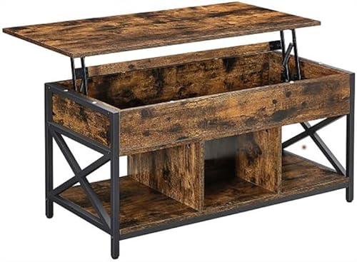Industrial Brown Lift Top Coffee Table Living Room Table with Hidden and Open Storage Compartments Rustic Brown and Black Coffee Table for Living