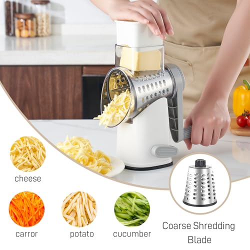 Weltonhm Rotary Cheese Grater with 4 Blades, Hand Crank Cheese Grater with Waffle Slicer, Black and White Cheese Slicer with Suction Base, Easier for Shredding& Grating (White and Grey, 4 Graters) — view 5