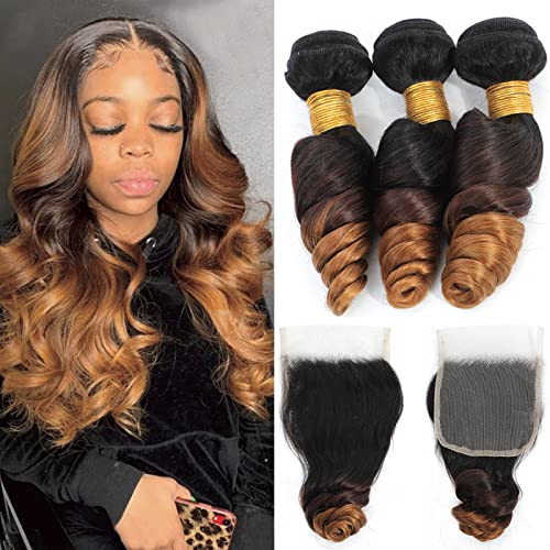 Ombre 3 Bundles with Closure 1B/4/30 bundles Loose Wave Brazilian Virgin Human Hair Three-tone 1B/4/30# 3bundles with Closure(Loose Wave, 18 20 22 +16)