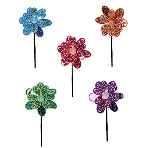 5Pcs Wind Spinner - Double Layer Peacock Flashing Windmill Colourful Foldable Wind Rotator, for your Yard or Garden Kids Toy