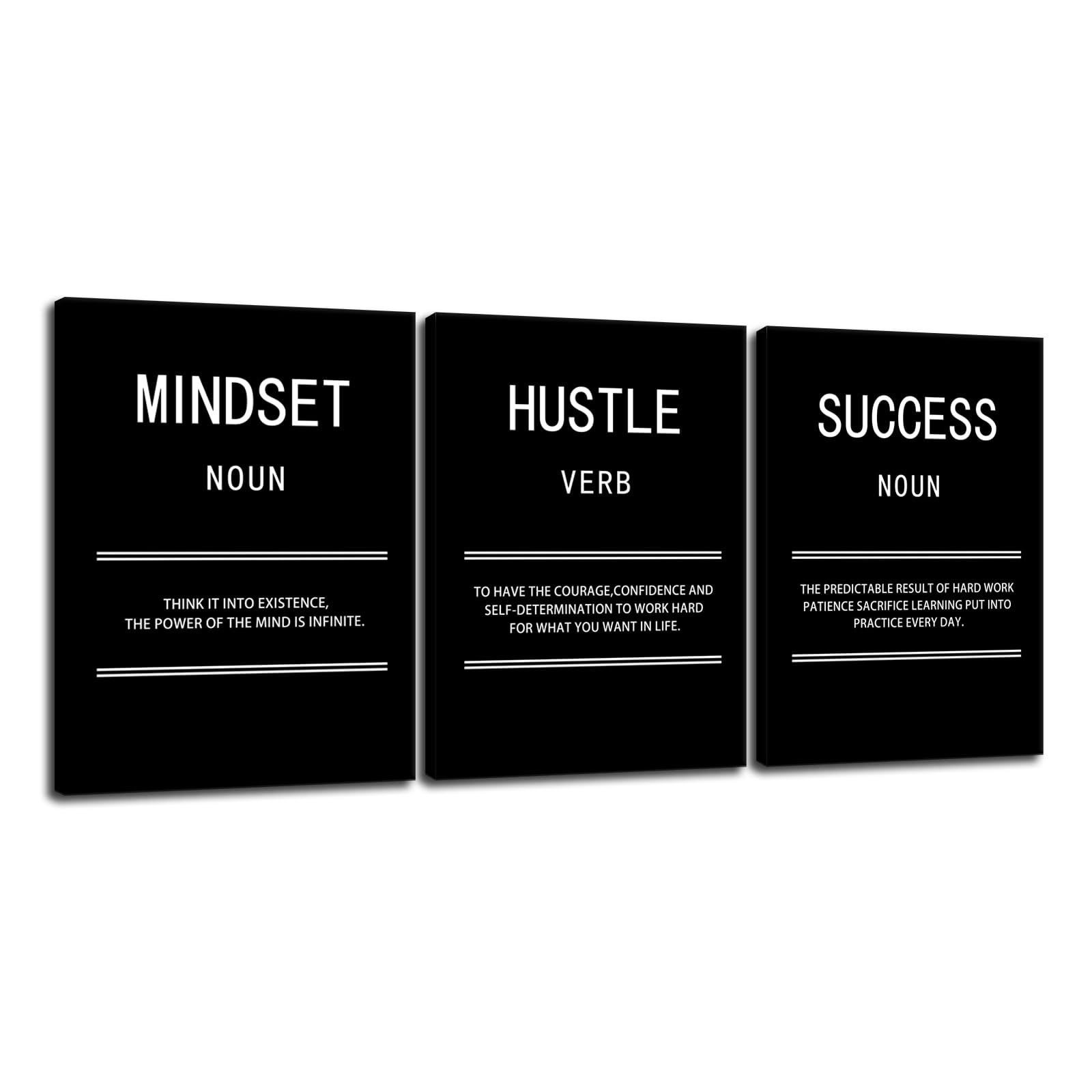 Mindset Hustle Success Inspirational Canvas Wall Art Office 3 Panel Print Motivational Poster Painting Modern Inspiring Artwork for Home Living Room