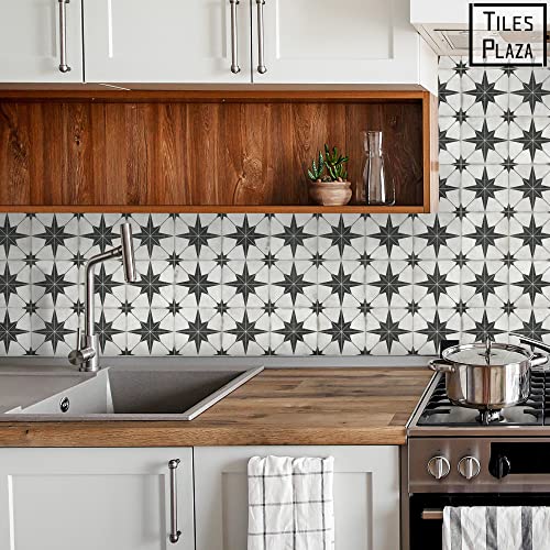 The Tiles Plaza Peel And Stick Encaustic Backsplash Tile. Black Star Patterned Stick On Tile. Self-Adhesive Wall Tile Sticker For Kitchen Bathroom Fireplace Stairs. 10 Sheets thumb #3