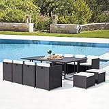 Concept Usine - Muebles de Jardín Sunset para 12 Personas de Resina Trenzada y Aluminio en Color Negro - 1 Mesa de Aluminio, 8 Sillones, 4 Puffs - Cojines Blancos - Empotrado, Resistente, Impermeable