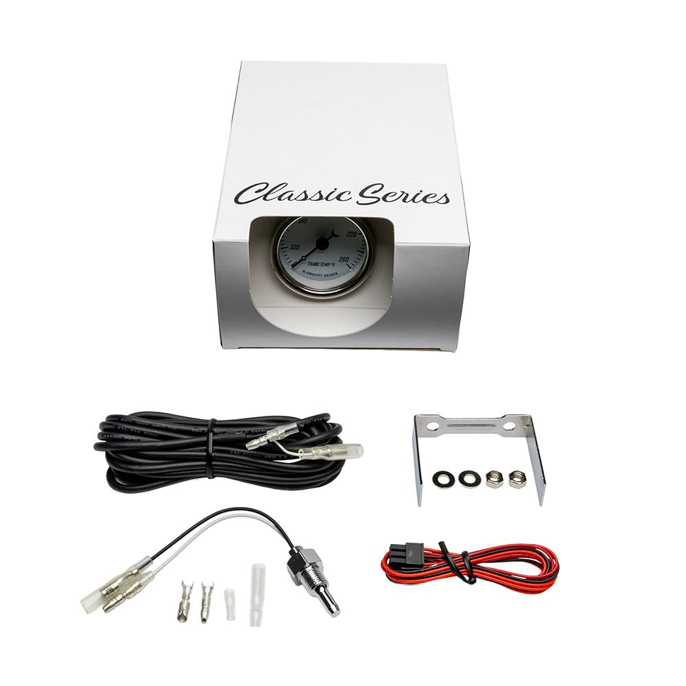 GlowShift Classic Series 260F Transmission Temperature Gauge Kit - Includes 1/8-27 NPT Electronic Sensor & Wiring Harnesses - White Dial - White LED - Vintage Style Design - 2-1/16" (52mm) Diameter