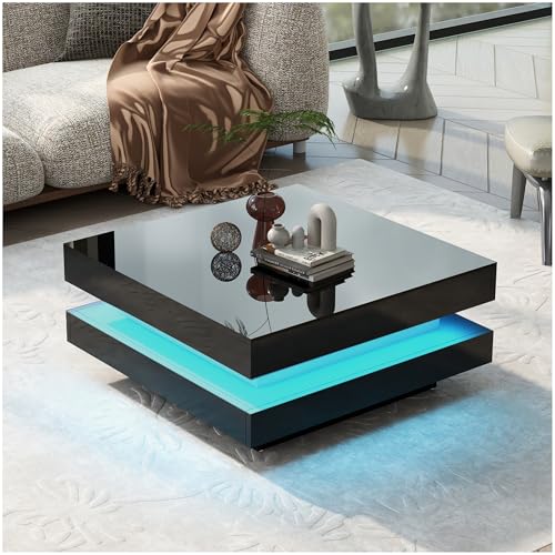 Sapgaks Mesa de Centro Cuadrada Blanca con iluminación LED de 16 Colores, Mesa de Centro Salon 70 x 70 x 36 cm, Estilo tecnológico Moderno (A-Negro)