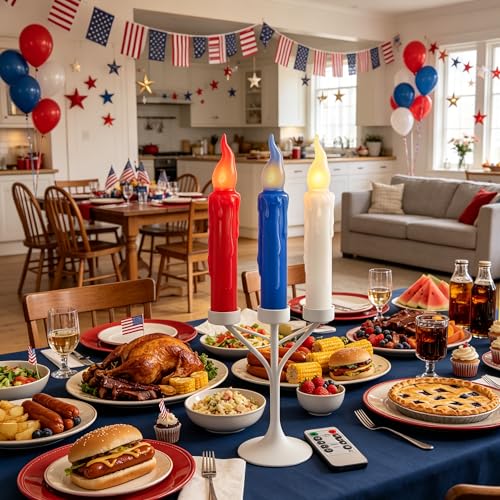 Image of Real Wax LED Flameless Short Taper Candles with Remote, 6.7 Inches 4th of July Patriotic Candlesticks Dripless Battery Operated Flame for Independence Day Home Decor, 3 Pcs