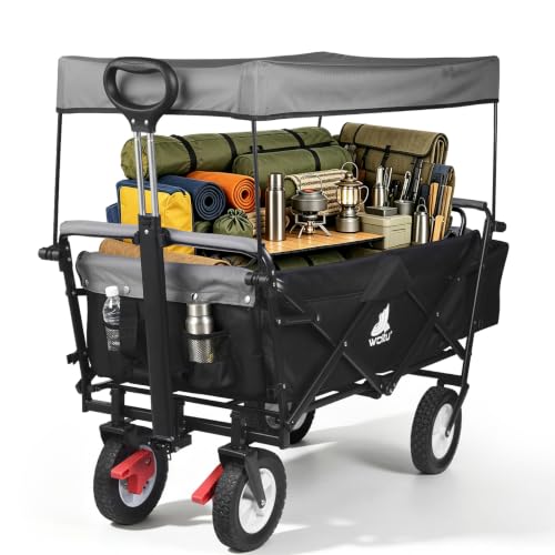 Bollerwagen faltbar Handwagen Gartenwagen mit Dach Rollen mit Bremse Strandwagen mit Sonnenschutz für Garten Camping Kinder 80 kg belastbar