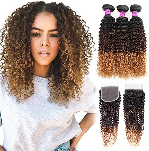Mink Hair Ombre Curly Human Hair Bundles with Closure 8A (14 16 18+12) Blonde Brazilian Virgin Kinky Curly Human Hair for Black Women , 1b/4/27#