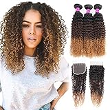 Mink Hair Ombre Curly Human Hair Bundles with Closure 8A (14 16 18+12) Blonde Brazilian Virgin Kinky...