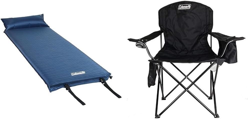 Coleman Self-Inflating 2.5in Thick Camping Sleep Pad and Folding Camp Chair with Built-in 4-Can Cooler