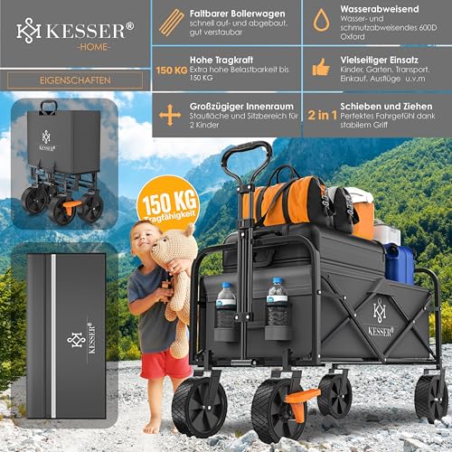 KESSER® Bollerwagen faltbar Handwagen Transportkarre max. 150kg Tragkraft & 360° PVC-Reifen Gerätewagen inkl. 2 Netztaschen, Seitentasche & Abdeckung Transportwagen Gartenanhänger ohne Dach, Anthrazit