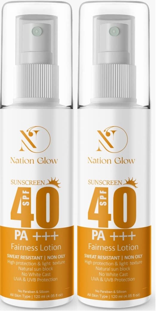 Nation Glow sunscreen fairness lotion SPF 40 Lightweight with Multi-Vitamins, No White Cast, Broad Spectrum PA +++, Acne Safe | For Women & Men | 240(pack of 2)