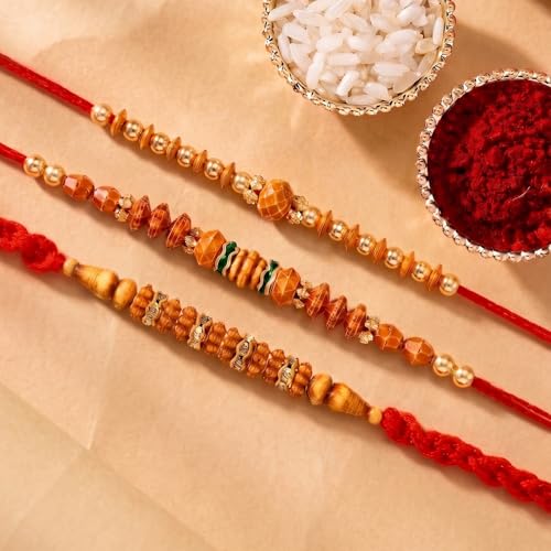 Image of Peora CZ Pearl & Crystals Studded Thread Rakhi for Brother Bhaiya | Combo Set of 3 | Raksha Bandhan Hamper with Roli Chawal & Greeting Card