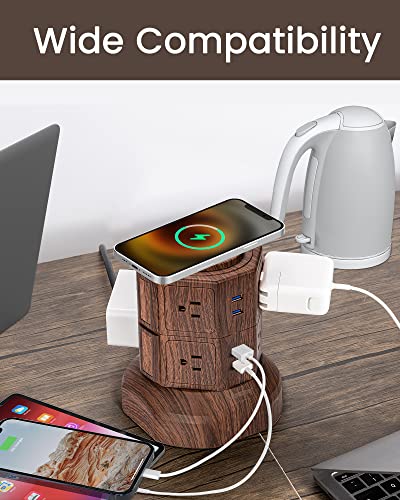 Superdanny Power Strip Tower With 15W Wireless Charger, 6.5Ft Retractable Extension Cord, 1050J Surge Protector, Standing Charging Station With 8 Ac Outlets & 4 Usb Ports For Home Office, Deep Brown #TOP5