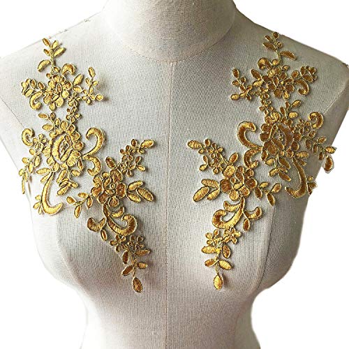 Lace Applique With Sequin Corded Flower Embroidery Lace Appliques Lace Motif Dress Patches For Craft Projects Mirror Pair (Gold) #TOP4
