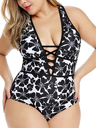 Women's Black Sexy Plus Size Rosa Floral Print One Piece Swimsuit,Plunge Neckline with Lace Up Detail Swimwear3