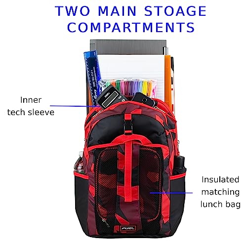 Fuel Backpack With Lunch Box Combo – 18” Two Compartment Water Resistant Durable Adjustable Straps With Side Water Bottle Pockets 2 In 1 Set - Red Camo #TOP4