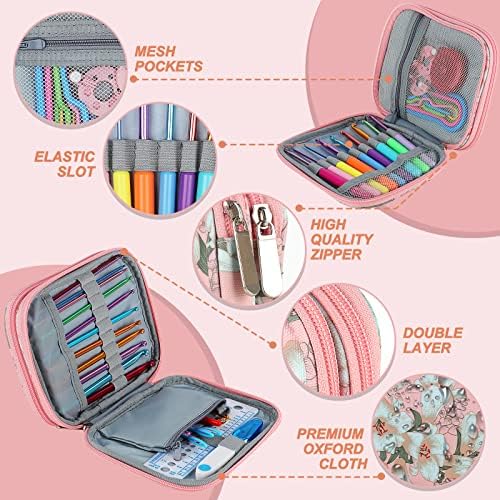 Aeelike Crochet Case Empty, Crochet Hook Case Organiser Empty, Double-Layer Zip Case for Crochet Hooks, Crochet Hook Holders, Portable Travel Pink Crochet Hook Storage Case Crochet Needle Case