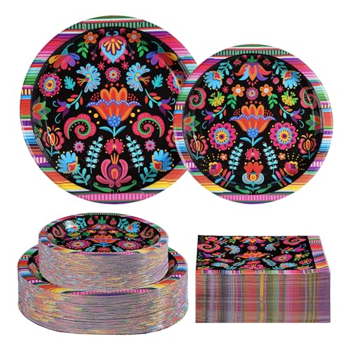 Grencian 200Pcs Mexican Party Decorations Colorful Mexico Floral Plates and Napkins Sets Mexicanos Birthday Decorations for Mayo Taco Holiday Wedding Ponchos Party Supplies Serves 50